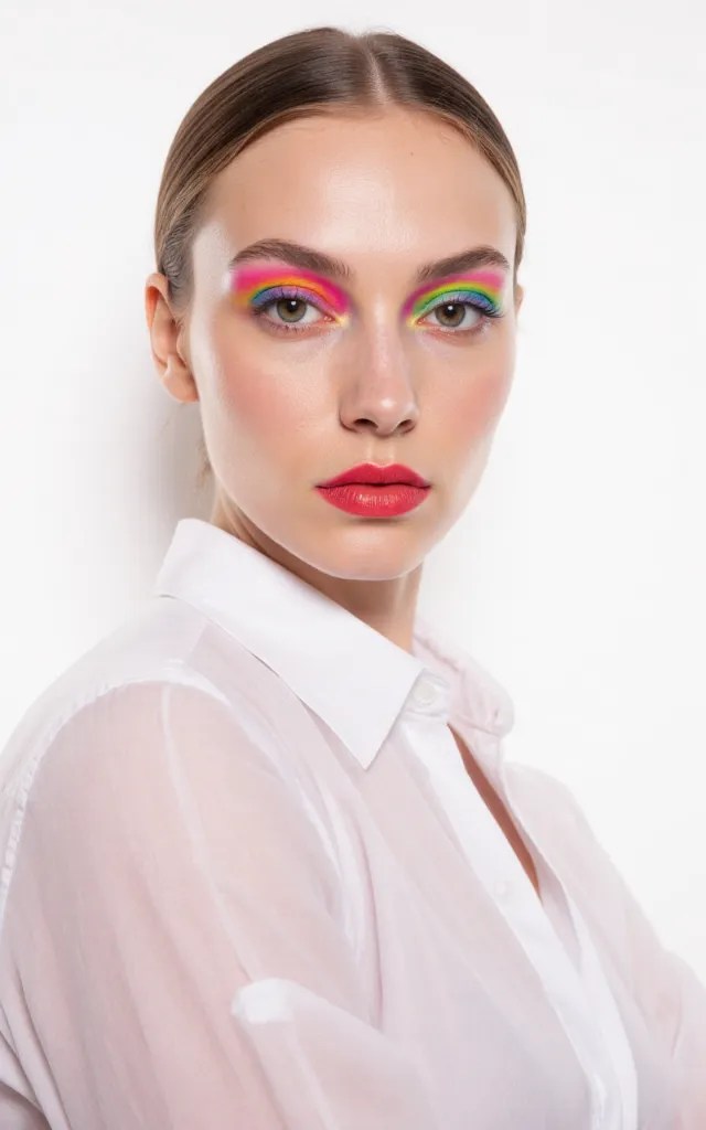 A French female model with a Neon makeup style, wearing a shirt, against a white background, in a front   facing bust portrait